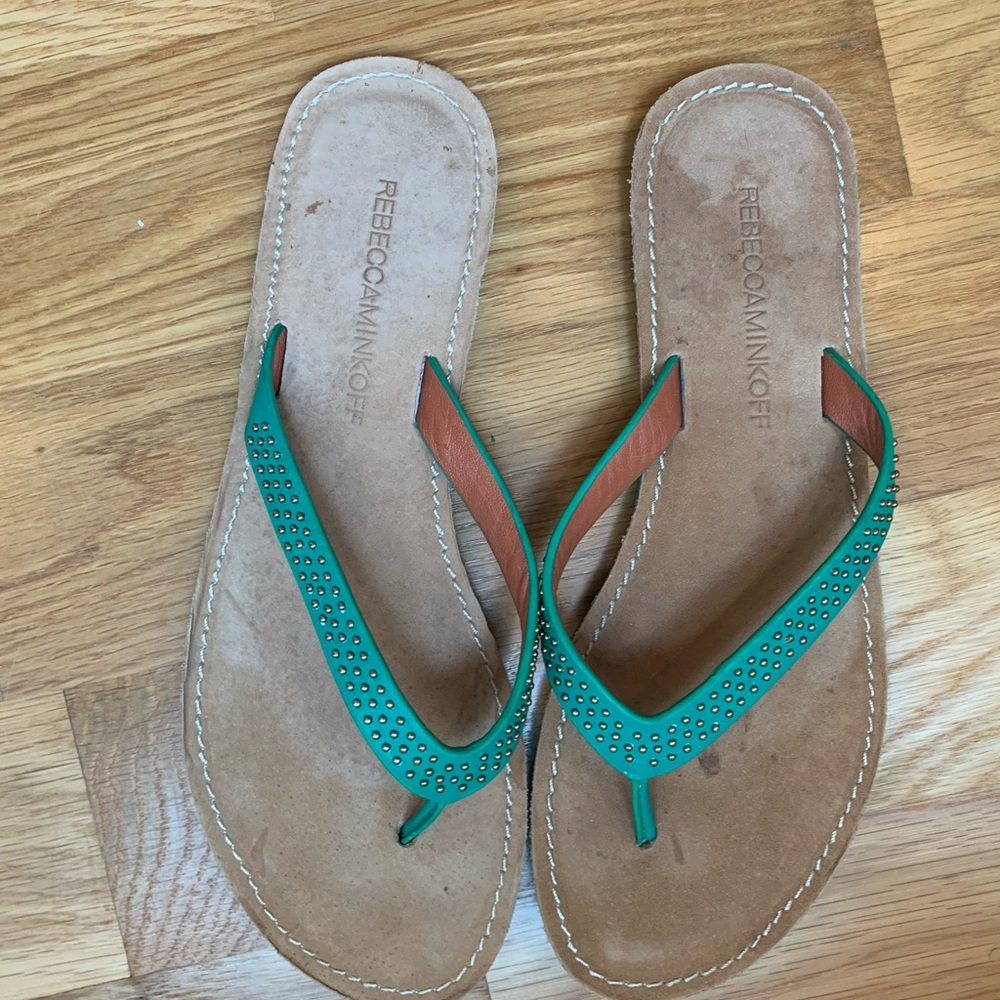 Rebekka Minkoff green studded flip flops in EUC